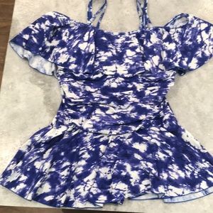 Cocopear Swim Dress Womens Size Large Navy White Floral Cold Shoulder Flounce